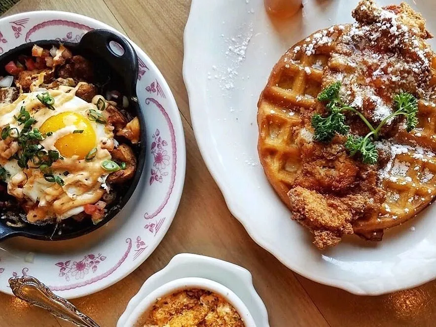 Brunch dishes arranged on a table at The VIG Old Town