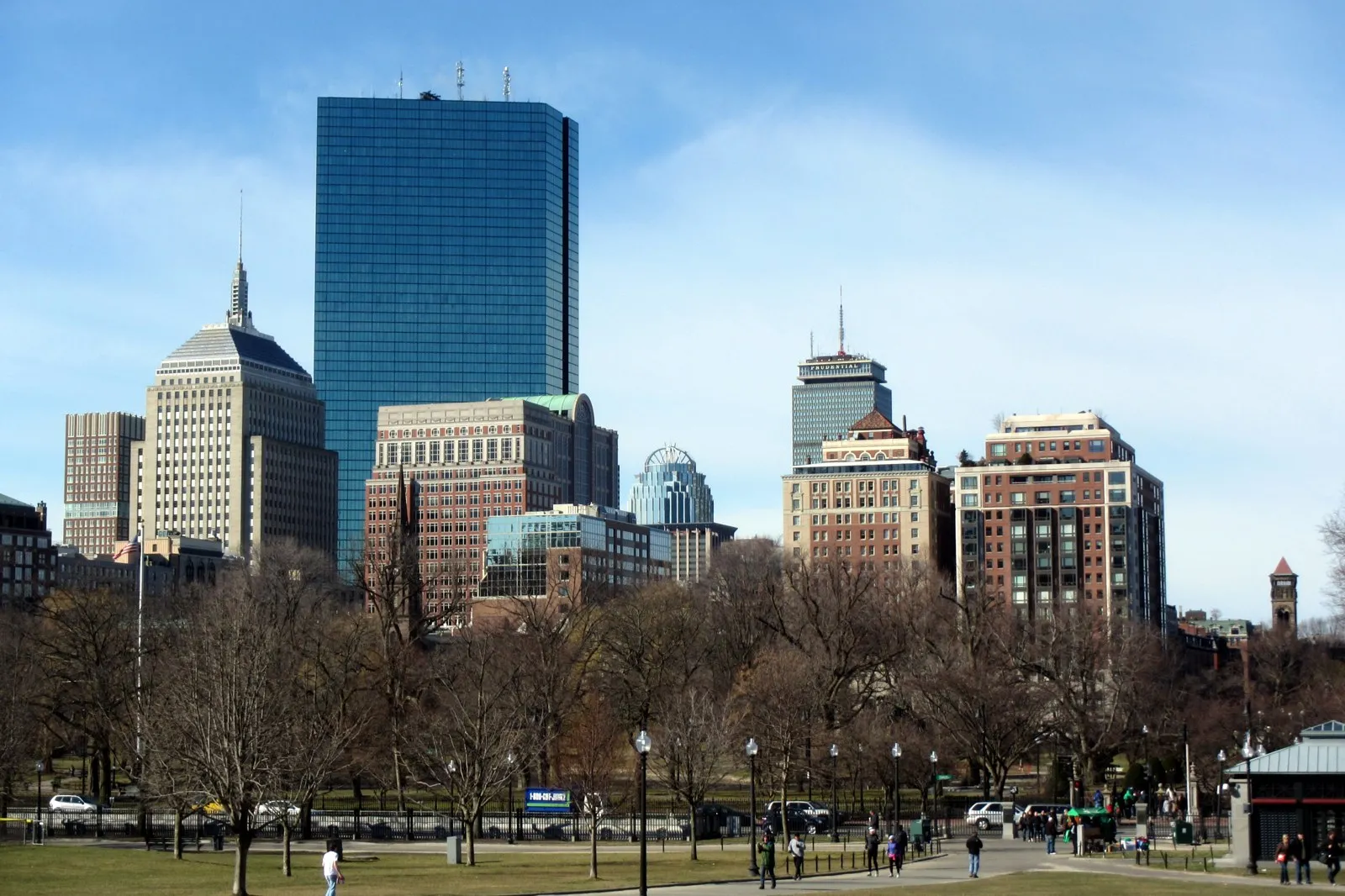 Boston Common paths and trees beneath the Back Bay skyline